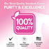 Infographic: Purity and excellence through strict standards—100% quality. GMP certified, FDA registered, packaged in the USA.