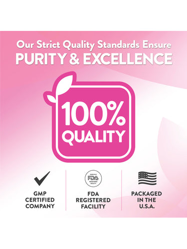 Infographic: Purity and excellence through strict standards—100% quality. GMP certified, FDA registered, packaged in the USA.