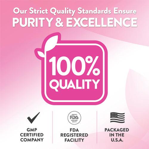 Infographic: Purity and excellence through strict standards—100% quality. GMP certified, FDA registered, packaged in the USA.