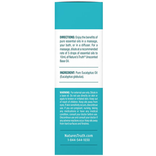 NT Eucalyptus Oil 15 mL label showing directions for dilution, ingredient as pure eucalyptus oil, and warning for external use only.
