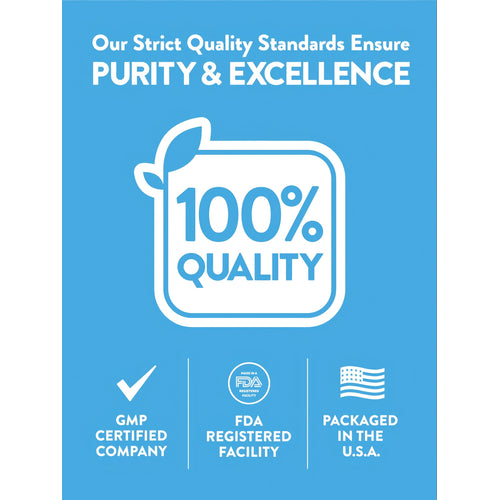 Infographic highlighting purity, excellence, 100% quality, GMP certified, FDA registered facility, and packaged in the USA.