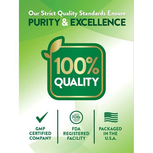 Infographic: Purity & Excellence Standards, 100% Quality, GMP Certified Company, FDA Registered Facility, Packaged in the U.S.A.