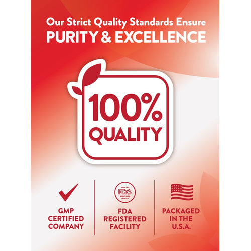 Infographic: Purity and excellence with 100% quality, GMP certified company, FDA registered facility, packaged in the USA.