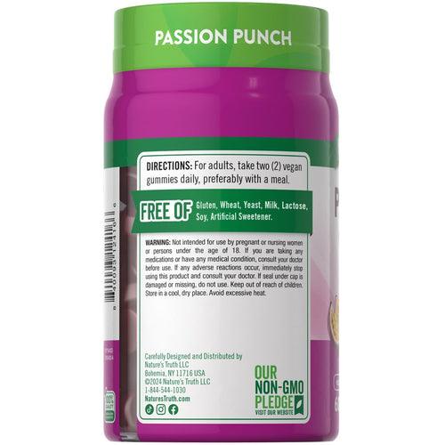 Hand holding a bottle of Passion Punch vegan gummies, 60-count, showcasing the scale of the product for size reference.