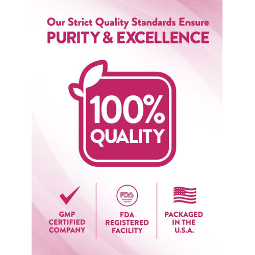 Infographic stating 100% QUALITY, GMP CERTIFIED COMPANY, FDA REGISTERED FACILITY, PACKAGED IN THE U.S.A.
