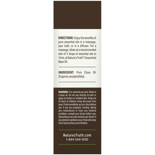 Natural Traditions Clove Oil 15 mL label detailing directions, ingredient (Pure Clove Oil), and warnings.
