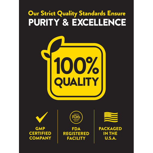 Infographic: Strict Quality Standards Ensure Purity & Excellence, 100% QUALITY, GMP CERTIFIED COMPANY, FDA REGISTERED FACILITY, PACKAGED IN THE U.S.A.