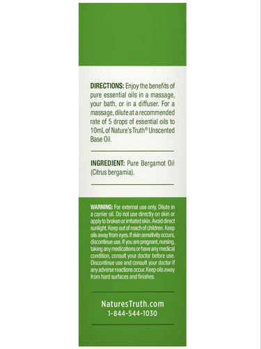 Label for NT Bergamot Oil 15 mL with usage directions, pure Bergamot Oil ingredient list, and warnings for external use.