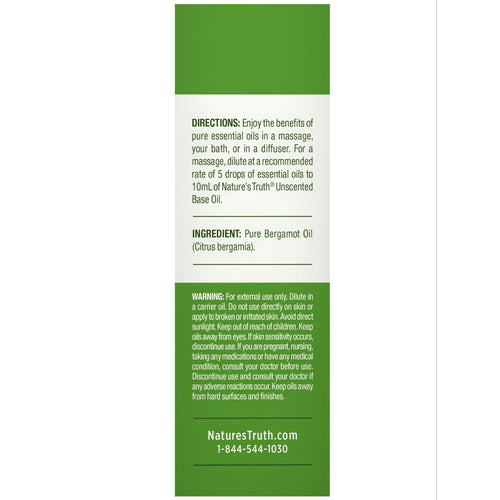 Label for NT Bergamot Oil 15 mL with usage directions, pure Bergamot Oil ingredient list, and warnings for external use.