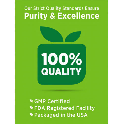 Infographic stating Quality Standards Ensure Purity & Excellence, 100% QUALITY, GMP Certified, FDA Registered Facility, Packaged in the USA.