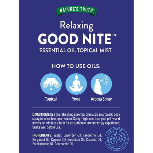 Relaxing GOOD NITE Essential Oil Topical Mist label showcasing usage for topical, yoga, aroma spray, and its ingredients.