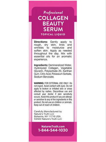 Label of Professional Collagen Beauty Serum Topical Liquid on a scale.