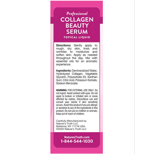 Label of Professional Collagen Beauty Serum Topical Liquid on a scale.
