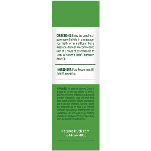 Label of Peppermint Oil 15 mL showing ingredient Pure Peppermint Oil (Mentha piperita) with usage directions and warnings.