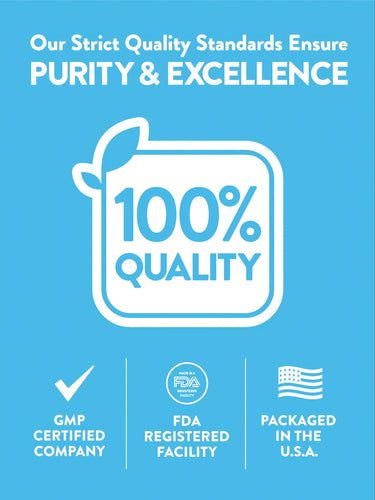 Infographic: Quality Standards Ensure PURITY & EXCELLENCE, 100% QUALITY, GMP CERTIFIED COMPANY, FDA REGISTERED FACILITY, PACKAGED IN THE U.S.A.
