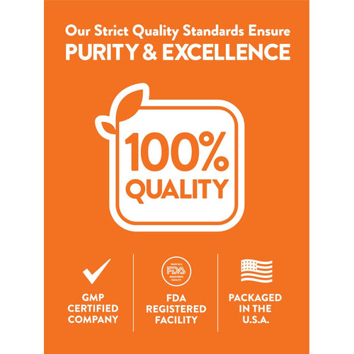 Infographic highlighting Purity & Excellence, 100% Quality, GMP Certified, FDA Registered Facility, Packaged in the U.S.A.