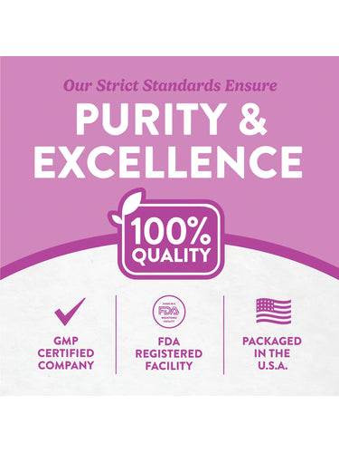 Infographic: Strict Standards Ensure Purity & Excellence, 100% Quality, GMP Certified, FDA Registered Facility, Packaged in U.S.A.