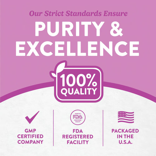 Infographic: Strict Standards Ensure Purity & Excellence, 100% Quality, GMP Certified, FDA Registered Facility, Packaged in U.S.A.