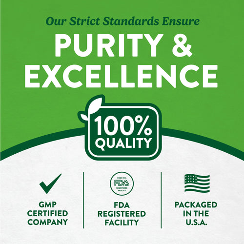 Infographic stating Purity & Excellence, 100% Quality, GMP Certified Company, FDA Registered Facility, packaged in the U.S.A.