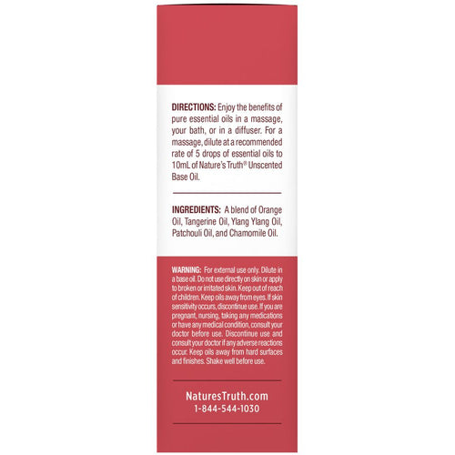 Calming Oil back label detailing directions, ingredients (Orange, Tangerine, Ylang Ylang, Patchouli, Chamomile Oils), and warnings.