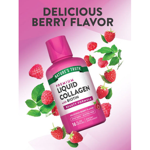 Bottle of Premium Liquid Collagen with Biotin in a delicious berry flavor, 16 fl oz (473 mL).