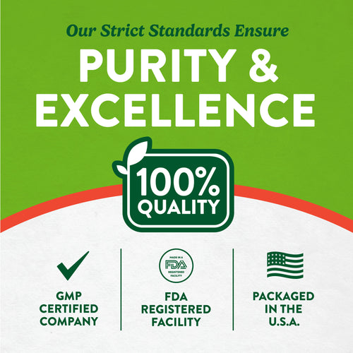 Infographic titled 'Purity & Excellence' highlights 100% quality, GMP certified company, FDA registered facility, packaged in the USA.