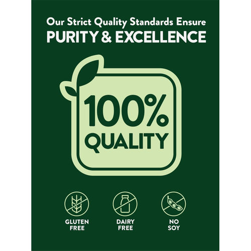 Infographic showing strict quality standards with purity, excellence, 100% quality. Gluten free, dairy free, no soy.