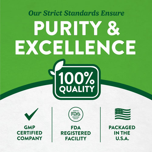 Infographic showcasing Purity & Excellence, 100% Quality, GMP CERTIFIED COMPANY, FDA REGISTERED FACILITY, PACKAGED IN THE U.S.A.