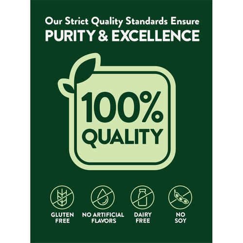 Infographic stating Purity & Excellence, Strict Quality Standards, 100% QUALITY, GLUTEN FREE, NO ARTIFICIAL FLAVORS, DAIRY FREE, NO SOY.