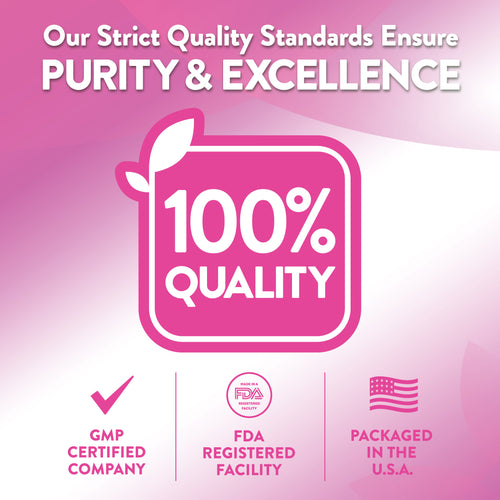 Infographic stating strict quality standards: 100% quality, GMP certified company, FDA registered facility, packaged in the U.S.A.