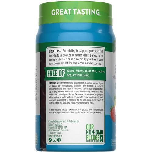 A hand holding a bottle of NT Stress Support containing 48 gummies, designed for stress management and relaxation support.