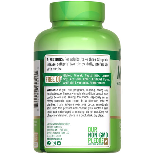 A hand holding a bottle of NT MCT Oil 3600 mg softgels, quick release for fast absorption.