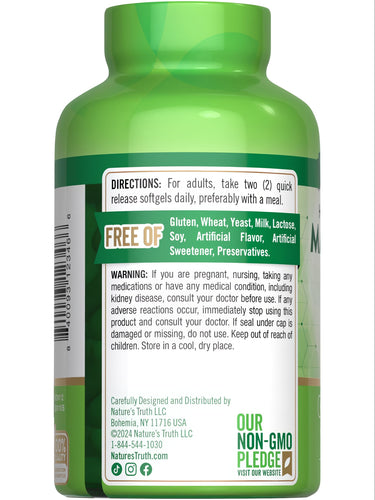 Hand holding Magnesium Citrate 250 mg quick release softgel, showing size for scale and easy consumption.