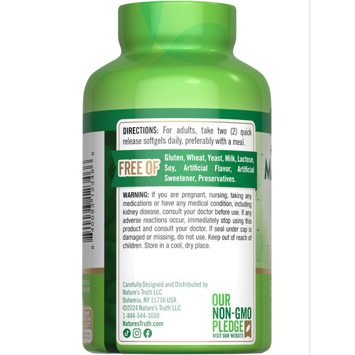 Hand holding Magnesium Citrate 250 mg quick release softgel, showing size for scale and easy consumption.