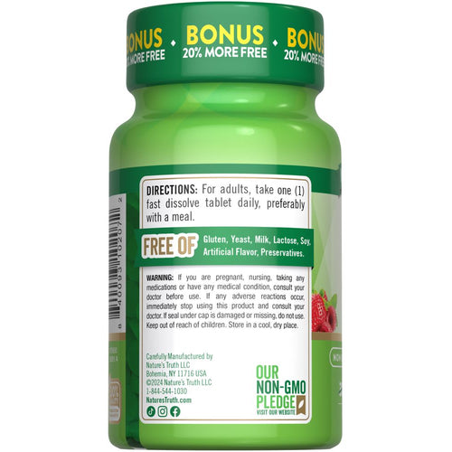 A bottle containing 30+6 fast dissolve tablets, each with 6000 mcg of B-12.
