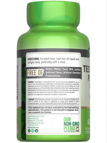 A bottle of NT Testosterone Power featuring 60 liquid max softgels on a hand scale.