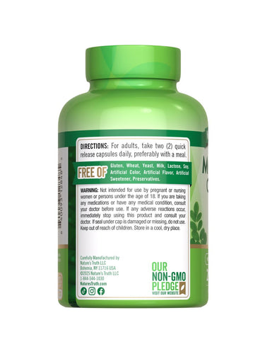 Moringa bottle, free of gluten, wheat, yeast, milk, lactose, soy, artificial color, flavor, sweetener, preservatives, non-GMO.