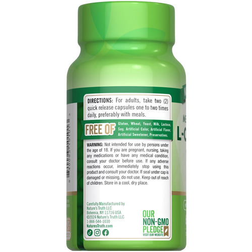 NT L-Carnitine 1000 mg 60 Capsules bottle, back label with usage directions, warnings, 'Free Of' claims, and 'Non-GMO Pledge'.