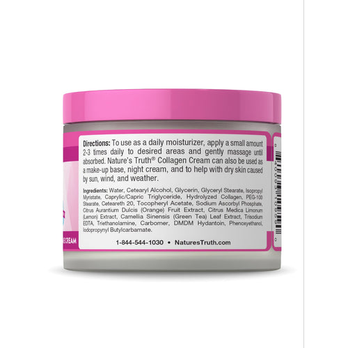 Hand scale image showing a collagen cream jar with directions for use and full ingredients list visible.