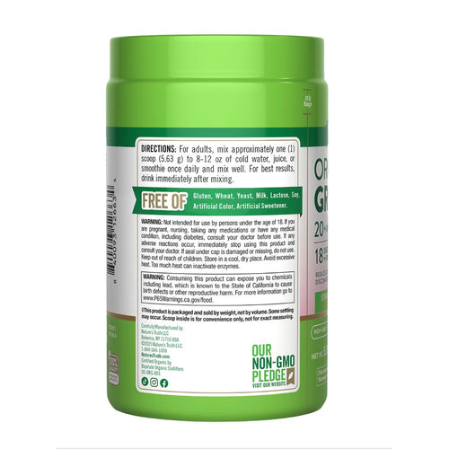 5.18 oz jar of Greens Powder, Straw-Kiwi flavor, with one scoop measuring 5.63 grams, shown on a hand scale for measurement.