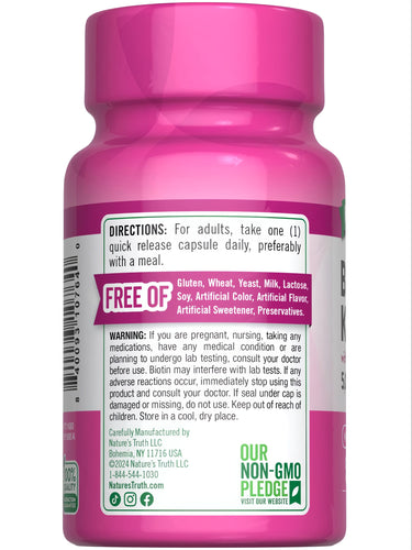 Biotin ALA + Keratin Complex label shows 50 capsules with description of one quick release capsule.