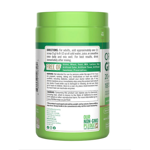 A hand holding a bulk scale displaying the weight of Greens Powder as 5.29 ounces (150 grams).
