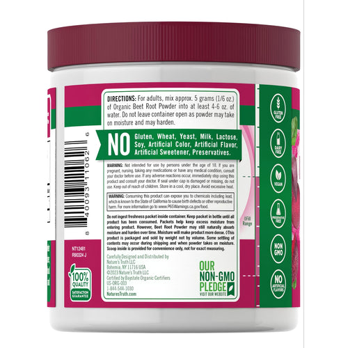 NT Org Beet Root Powder 6.1 oz container with back label showing directions, dietary attributes, and quality claims.
