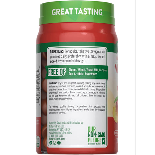 NT D3 70 vegetarian gummies bottle labeled 'GREAT TASTING', 'FREE OF' allergens, with dosage directions.