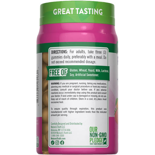 Prenatal w/ DHA Gummies bottle, labeled 'GREAT TASTING', 'FREE OF Gluten, Wheat, Yeast, Milk, Lactose, Soy, Artificial Sweetener', 'NON-GMO PLEDGE'.