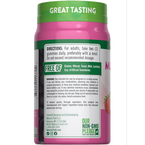 Bottle of Women's Multi Gummies: gluten, wheat, yeast, milk, lactose, soy, and artificial sweetener free.