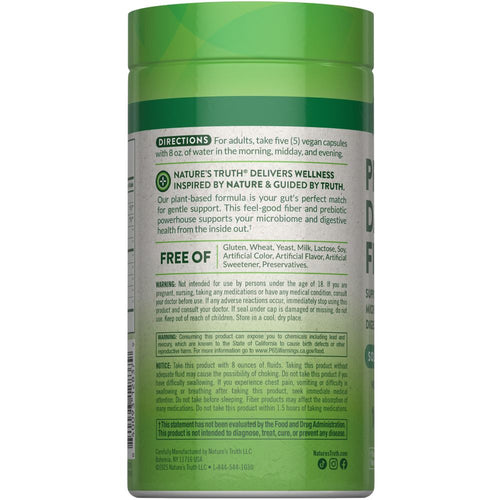 Green container of NT Prebiotic Daily Fiber with 100 vegan capsules. Label shows directions and 'FREE OF' statement.