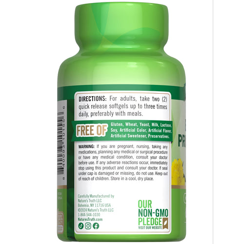 Evening Primrose Oil 2000 mg softgels for quick release, shown on a hand scale to indicate bulk size and packaging.