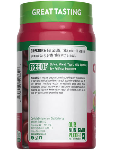 NT Cranberry 60 vegan gummies bottle: 'GREAT TASTING', directions, and 'FREE OF' gluten, wheat, yeast, milk, lactose, and soy.