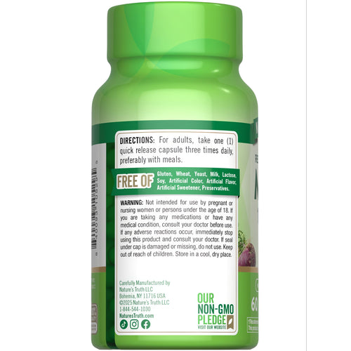 Bottle of NT Maca 60 quick release capsules, back view.